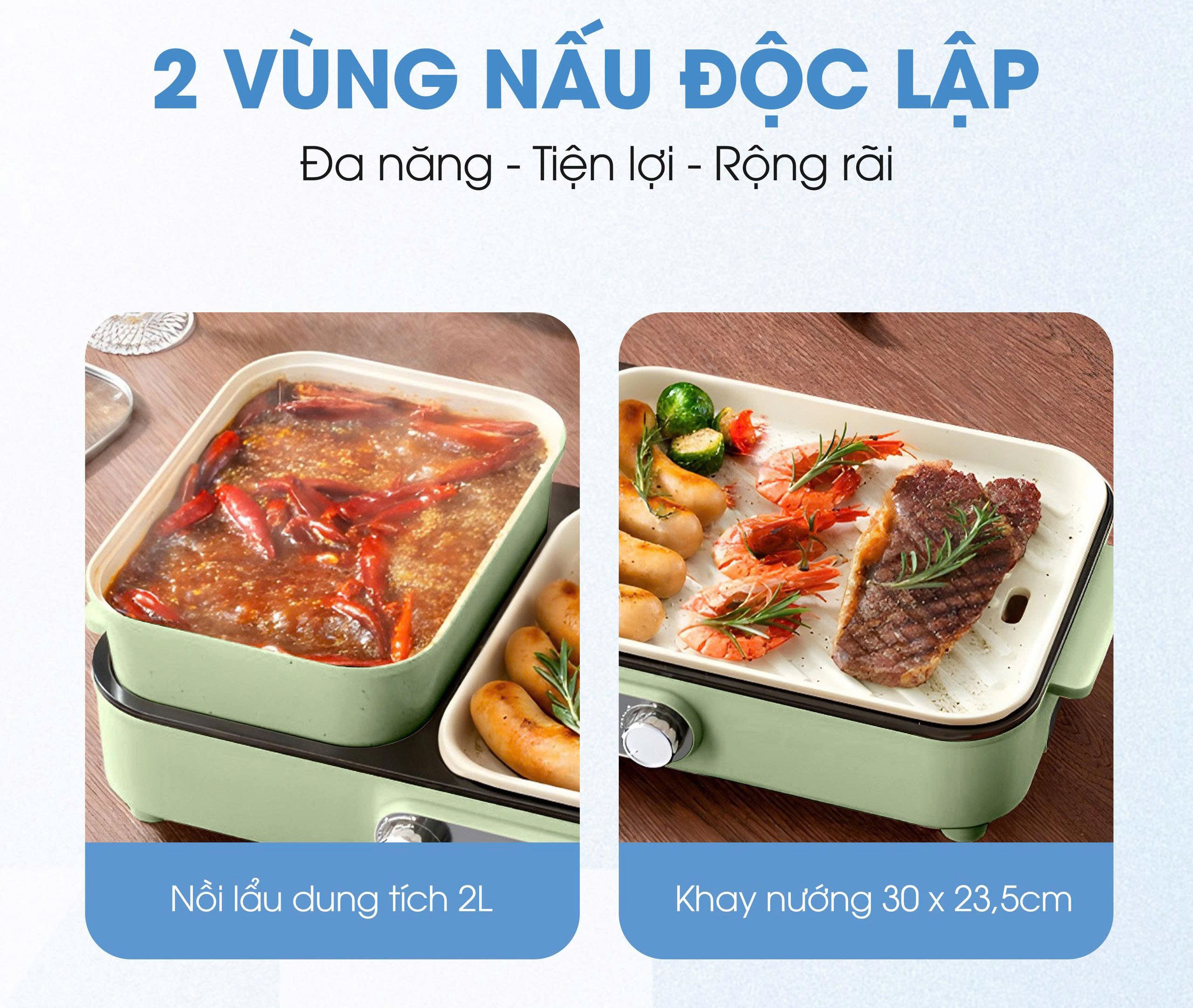 2 vùng nấu độc lập – Nấu lẩu và nướng cùng lúc Bếp lẩu nướng Kalite KLG333