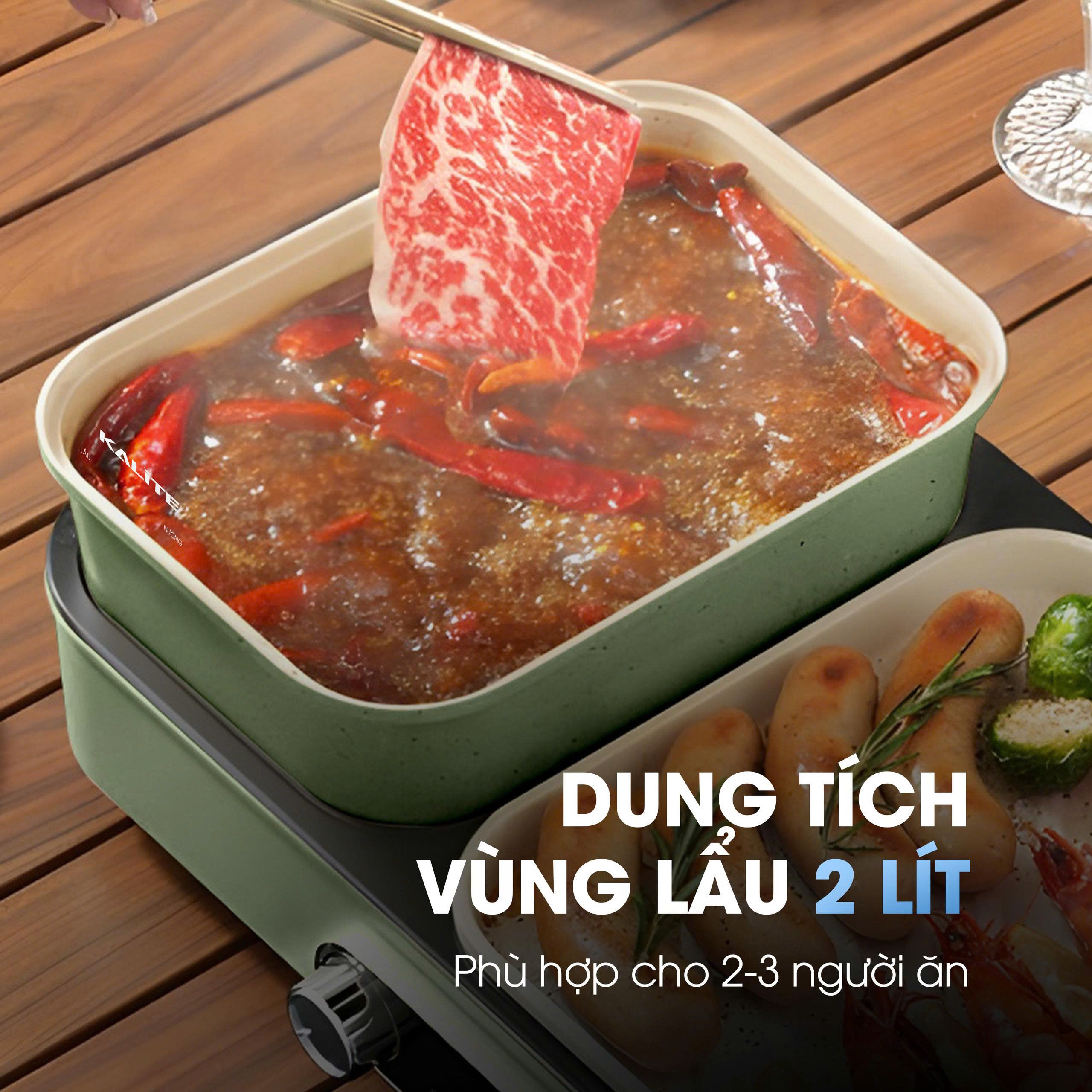 Dung tích lẩu 2 lít – Lý tưởng cho gia đình nhỏ Lẩu nướng 2in1 Kalite KLG333