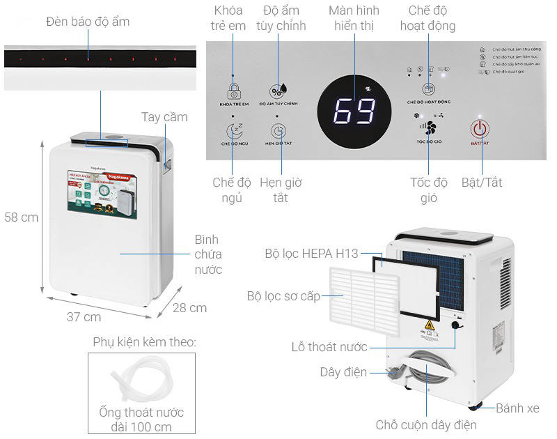 Máy hút ẩm kết hợp lọc không khí Nagakawa NAD8668