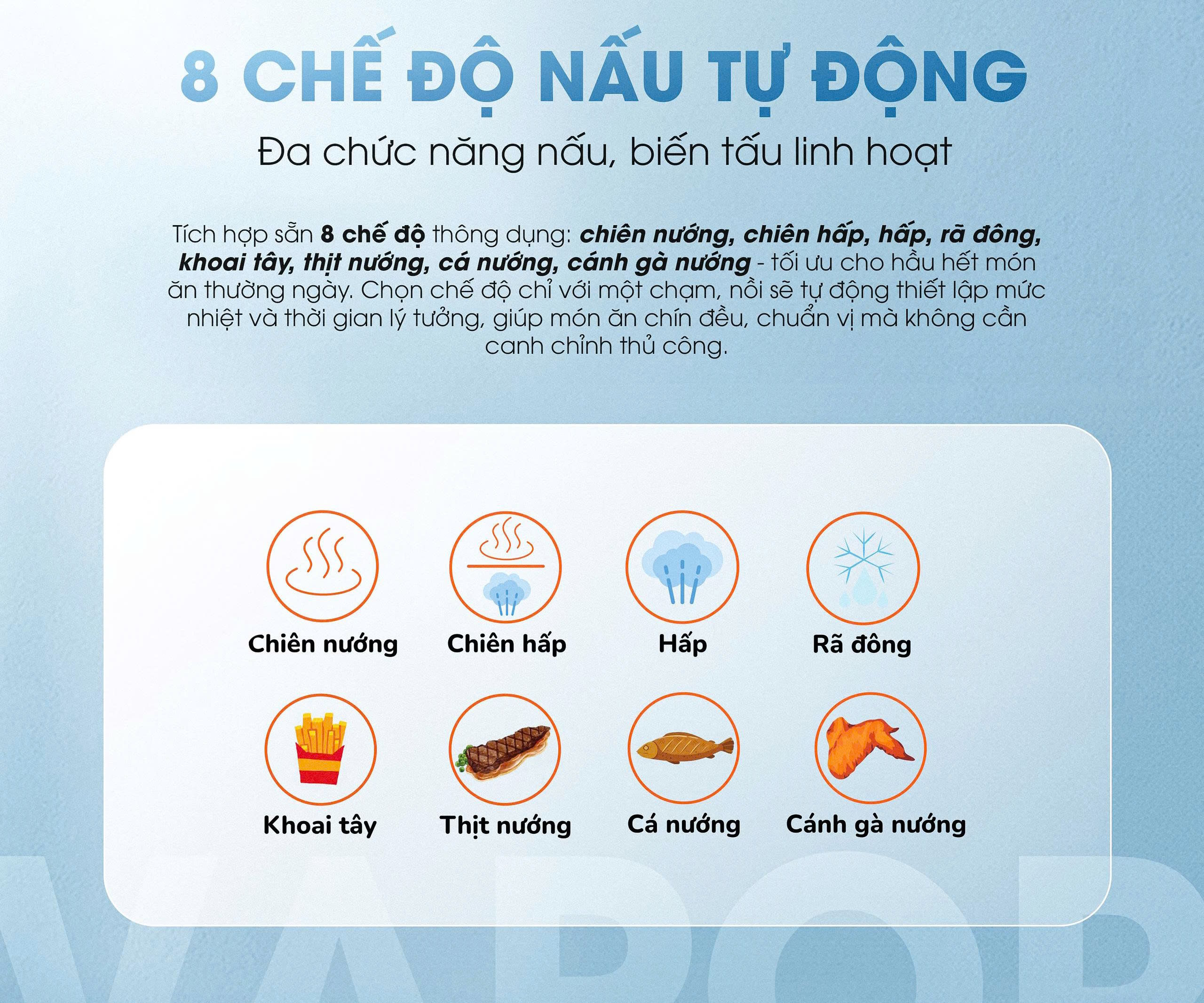 8 chế độ nấu tự động – Chạm nhẹ có ngay món ngon Nồi chiên hơi nước Kalite