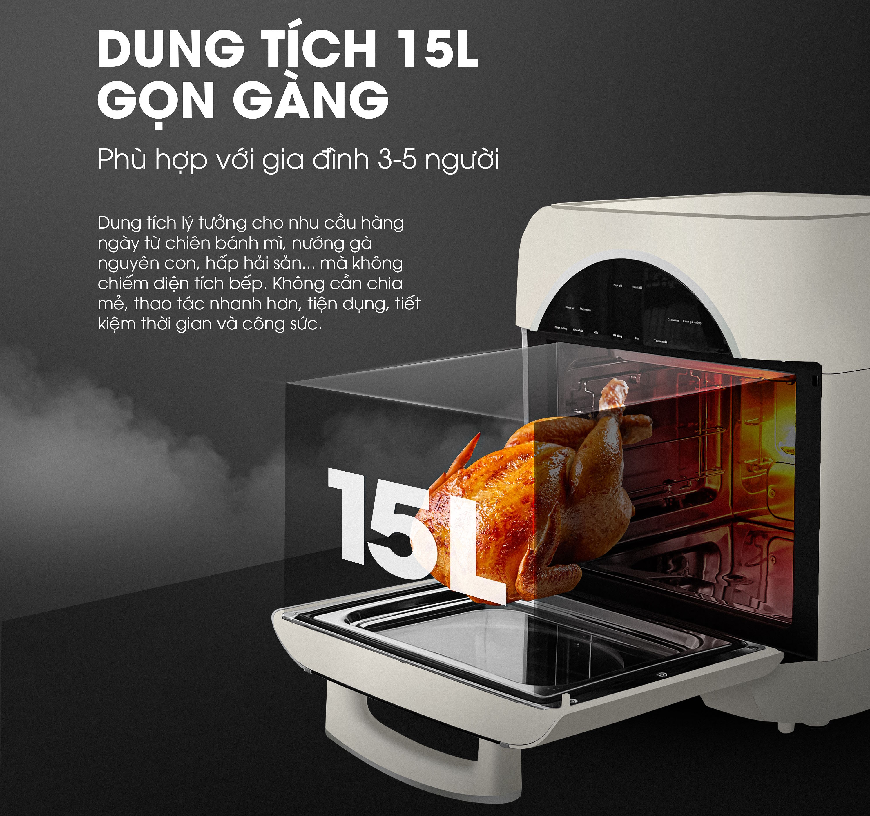 Công suất mạnh mẽ, dung tích 15L phù hợp gia đình 3–5 người Nồi chiên hơi nước Kalite