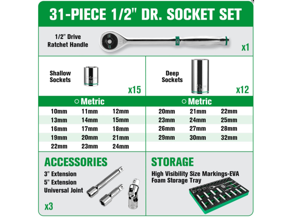 Bộ dụng cụ 31 chi tiết 1/2 inch SK Tools SK01315 Bộ dụng cụ 31 chi tiết 1/2 inch SK Tools SK01315