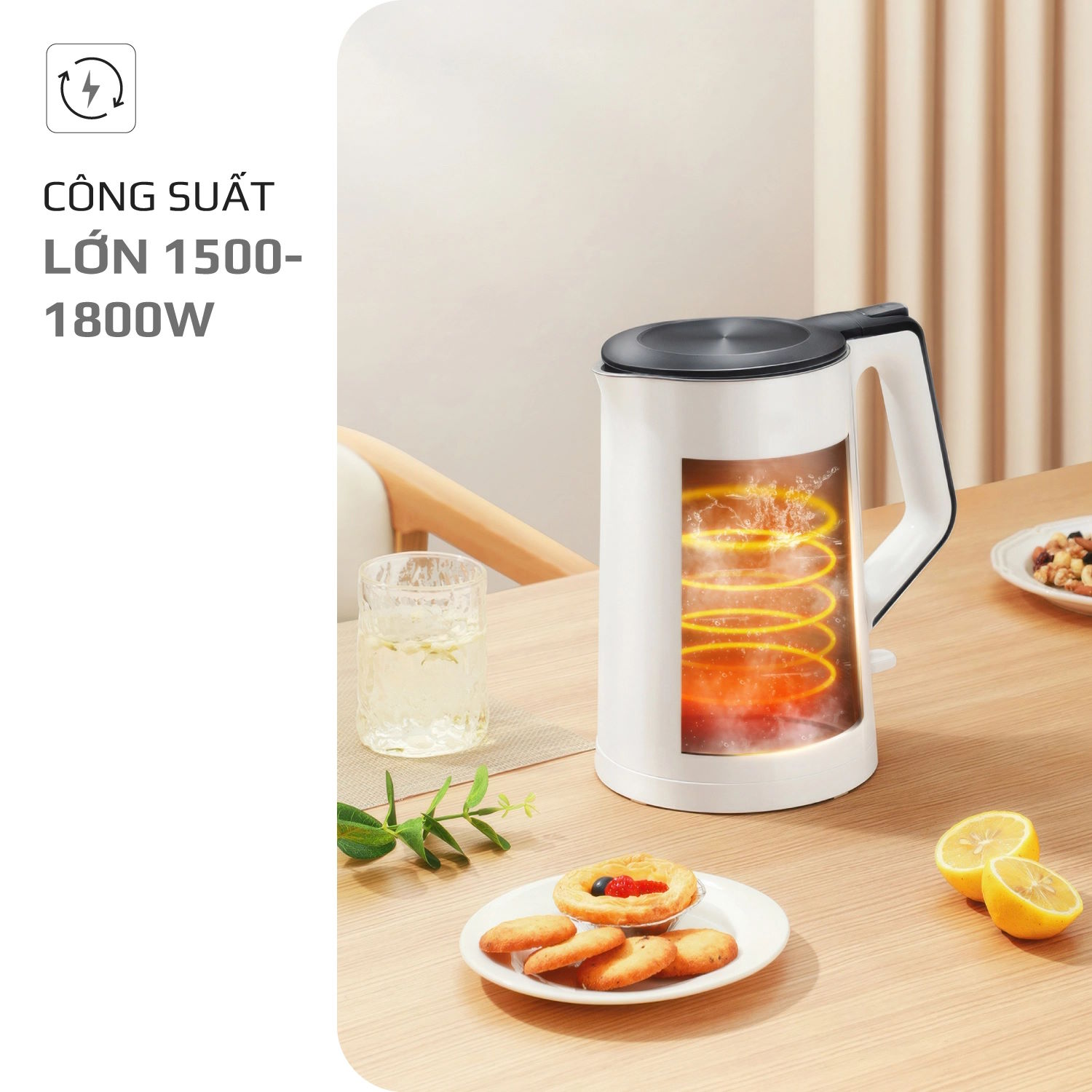 Công suất 1.500–1.800W – Đun sôi nhanh, tiết kiệm thời gian Olivo EK200