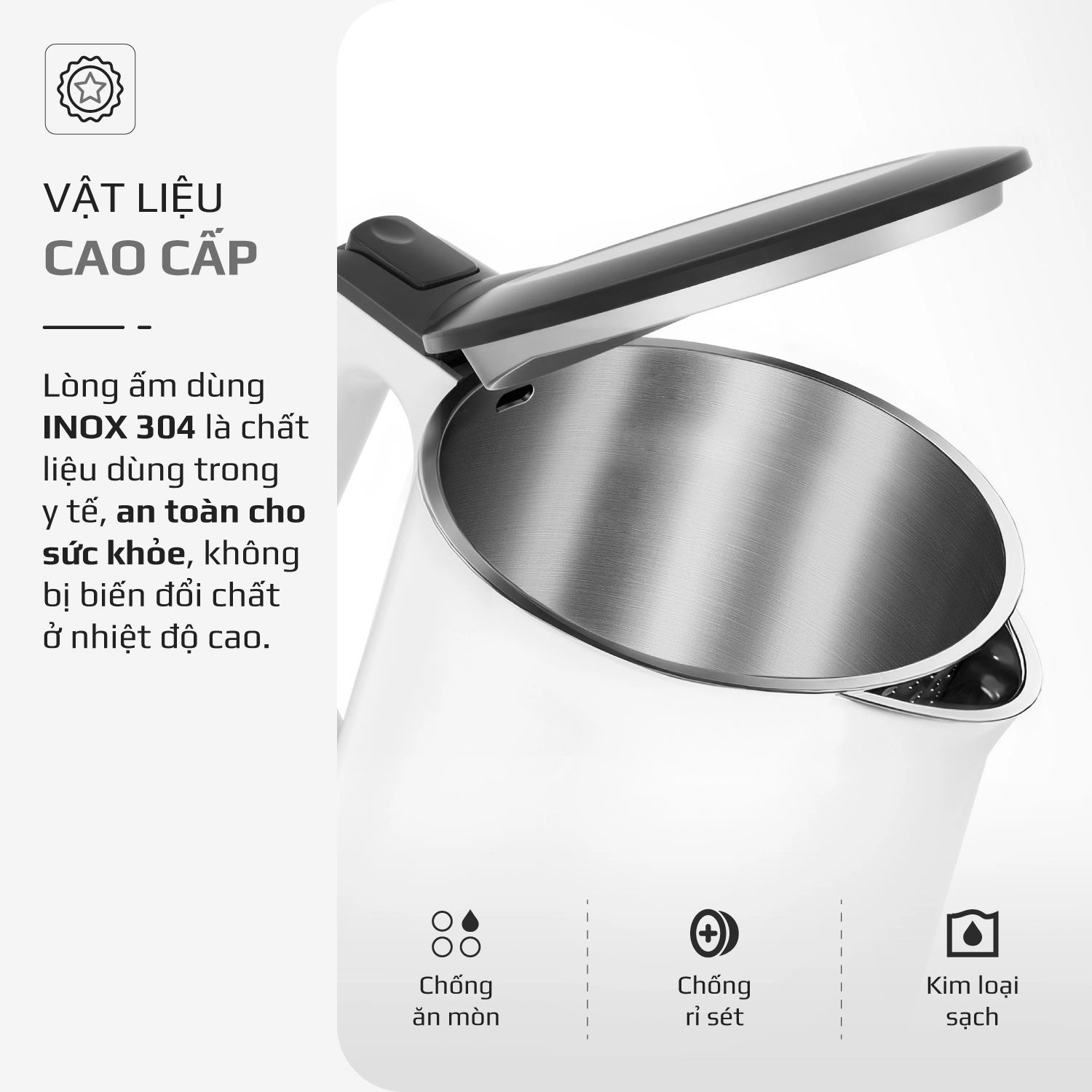 Vật liệu cao cấp – Bền bỉ và an toàn cho sức khỏe Ấm siêu tốc Olivo