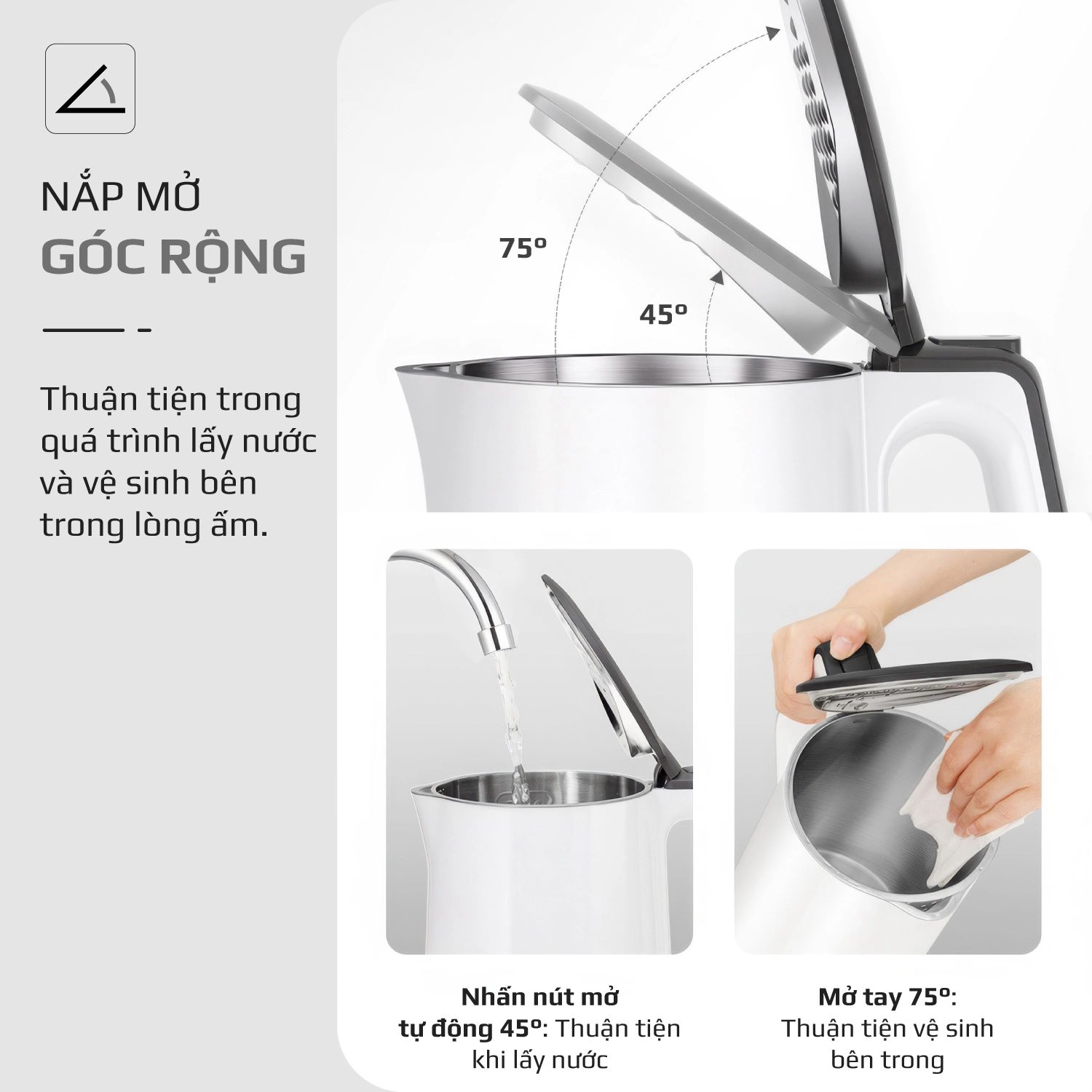 Nắp mở linh hoạt 2 chế độ – Tiện lợi khi sử dụng và vệ sinh Ấm siêu tốc Olivo