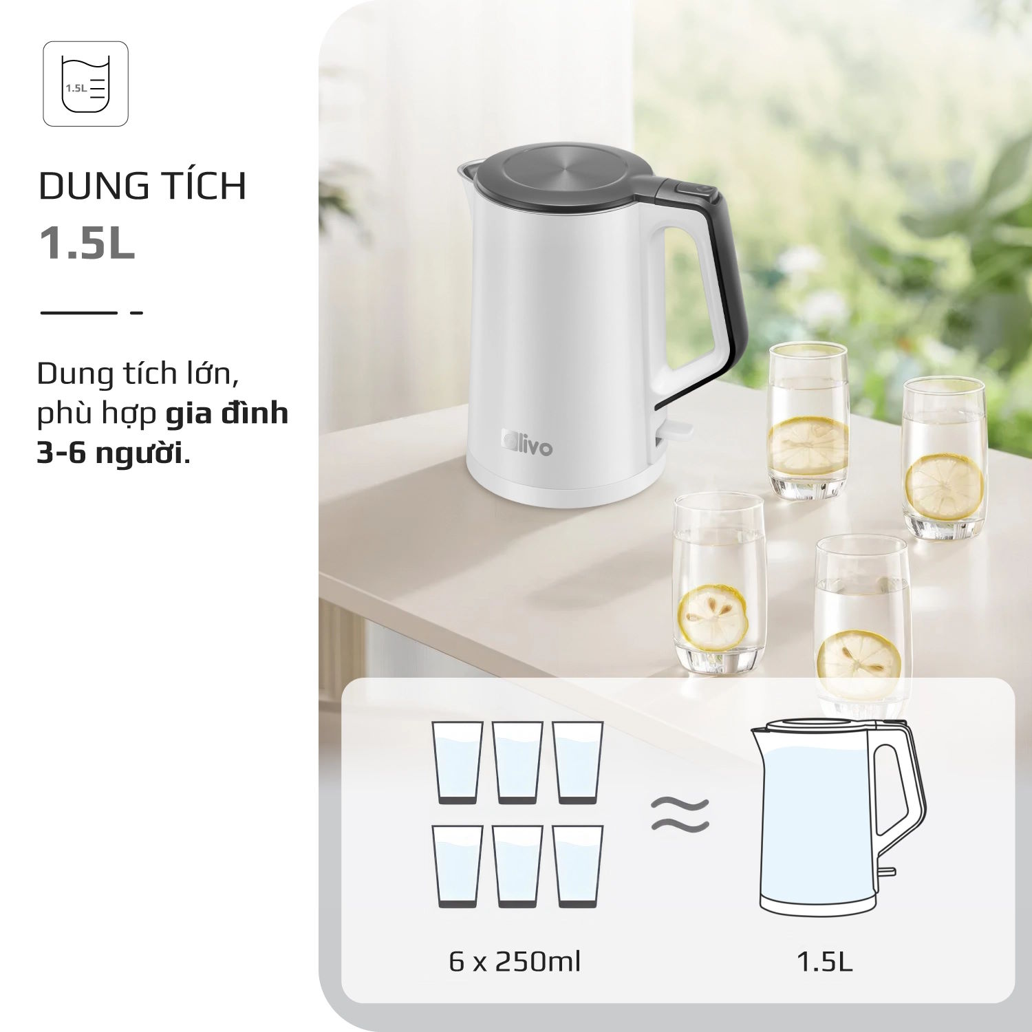 Dung tích 1.5L – Lý tưởng cho gia đình 3–6 người Ấm đun Olivo EK200