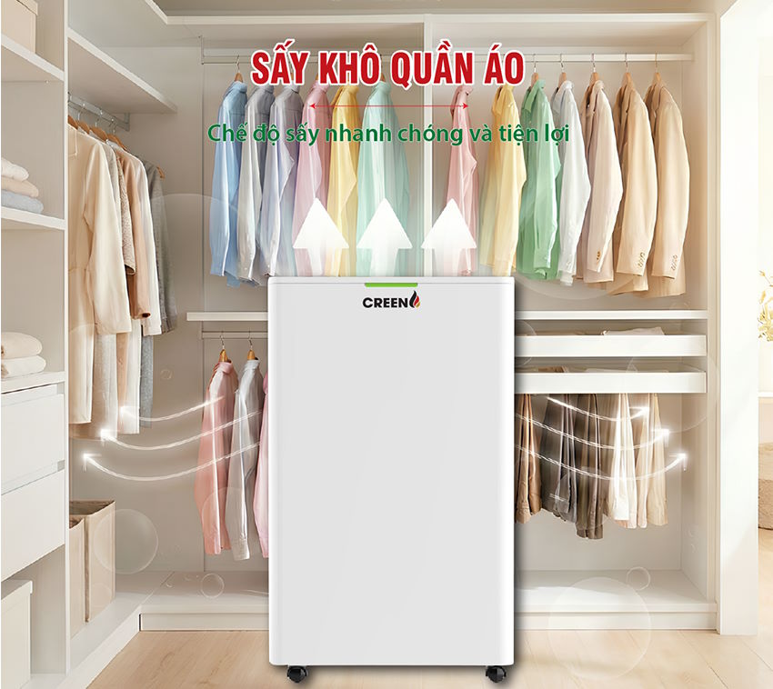 Chế độ sấy quần áo – Giải pháp cho ngày mưa phùn Máy hút ẩm Creen