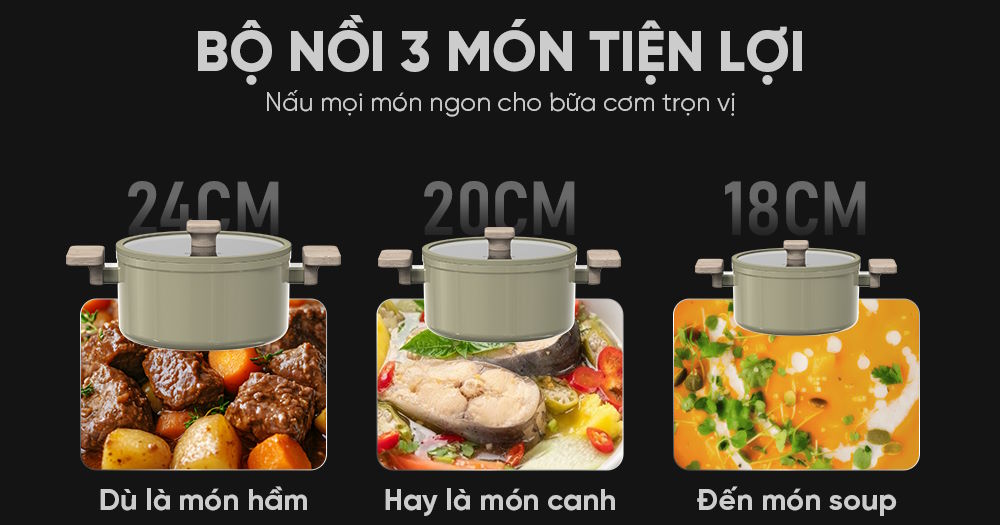 Bộ 3 nồi kích thước đa dạng – Phù hợp nhiều nhu cầu nấu nướng Sunhouse ST2210P
