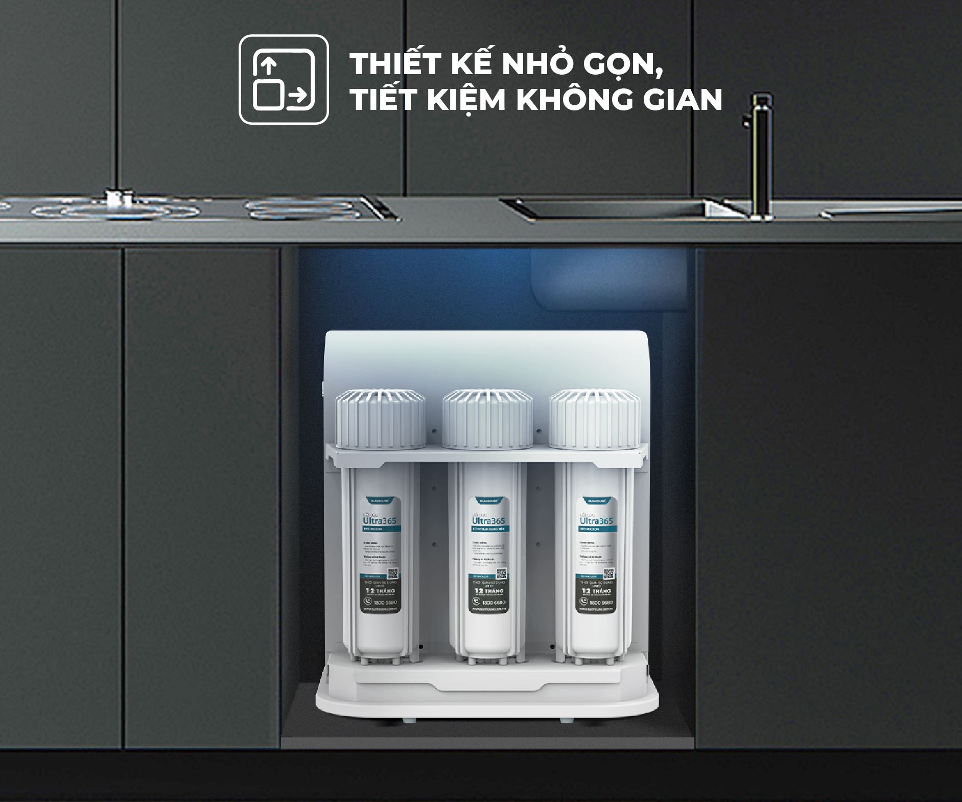Thiết kế nhỏ gọn, tối ưu diện tích bếp Máy lọc nước RO không vỏ Sunhouse 10 lõi SHA8805U