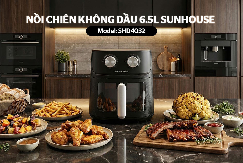 Thiết kế thời thượng, tinh tế cho gian bếp Nồi chiên không dầu 6.5L Sunhouse SHD4032