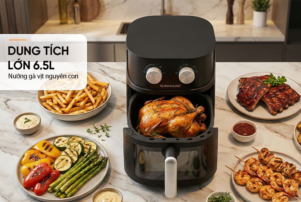 Dung tích lớn 6.5L – Nướng gà nguyên con tiện lợi Nồi chiên không dầu Sunhouse SHD4032
