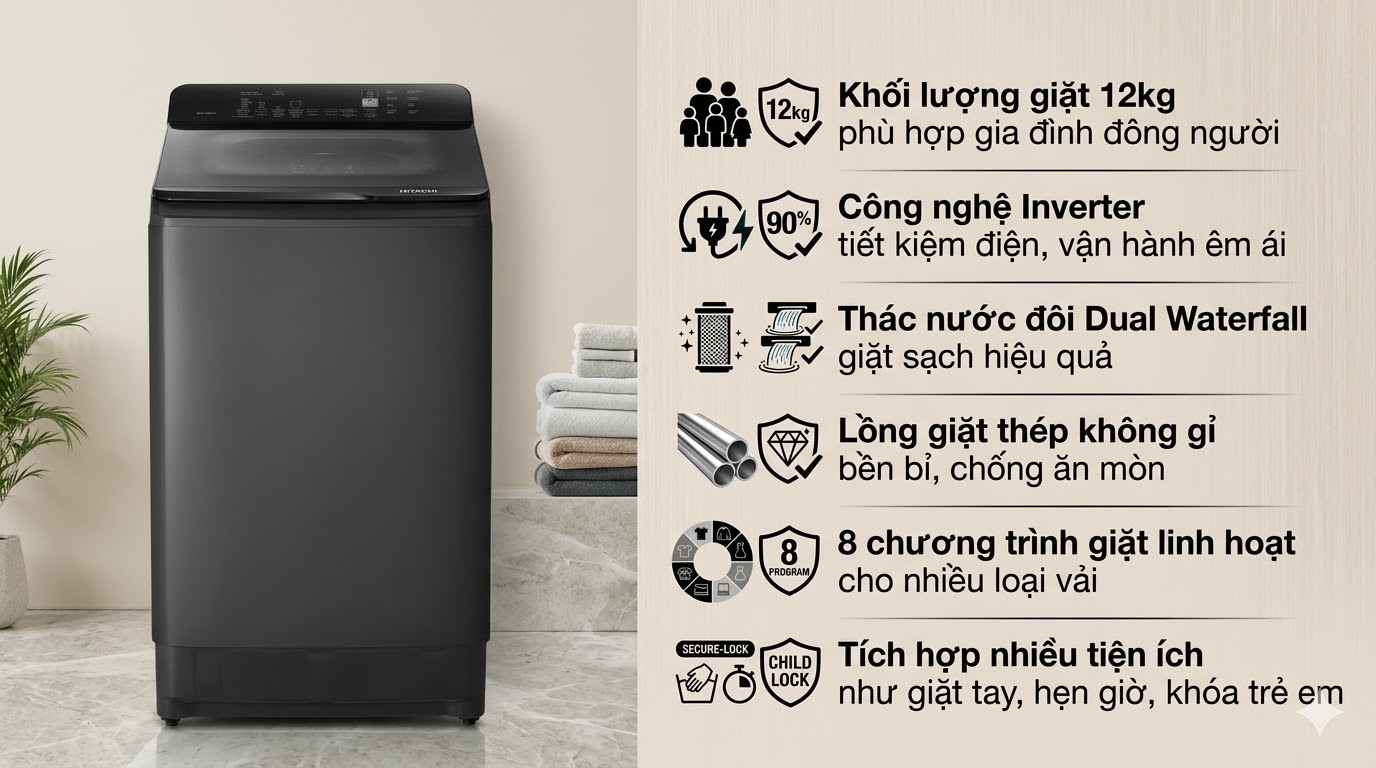 Máy giặt cửa trên Inverter 12kg Hitachi LTL 12MVW0T GG