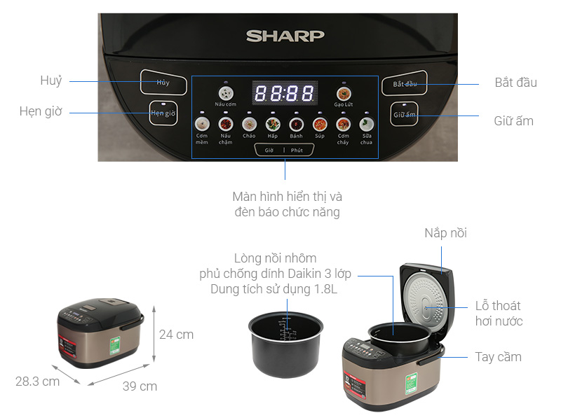 Nồi cơm điện tử Sharp 1.8 lít KS-TH18E2O-RS