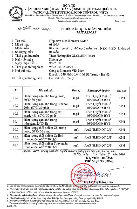 Giấy chứng nhận kết quả kiểm nghiệm của hộp cơm điện Komasu KM48T