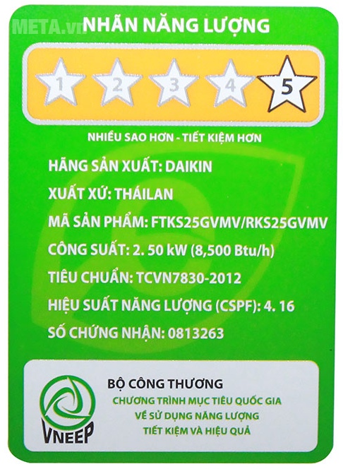 Điều hòa Daikin 1 chiều Inverter 9000BTU FTKS25GVMV/RKS25GVMV với nhãn năng lượng tiết kiệm điện năng.