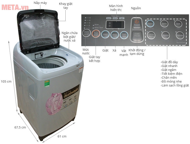 Cấu tạo của máy giặt cửa trên Samsung 9kg WA90J5710SG.