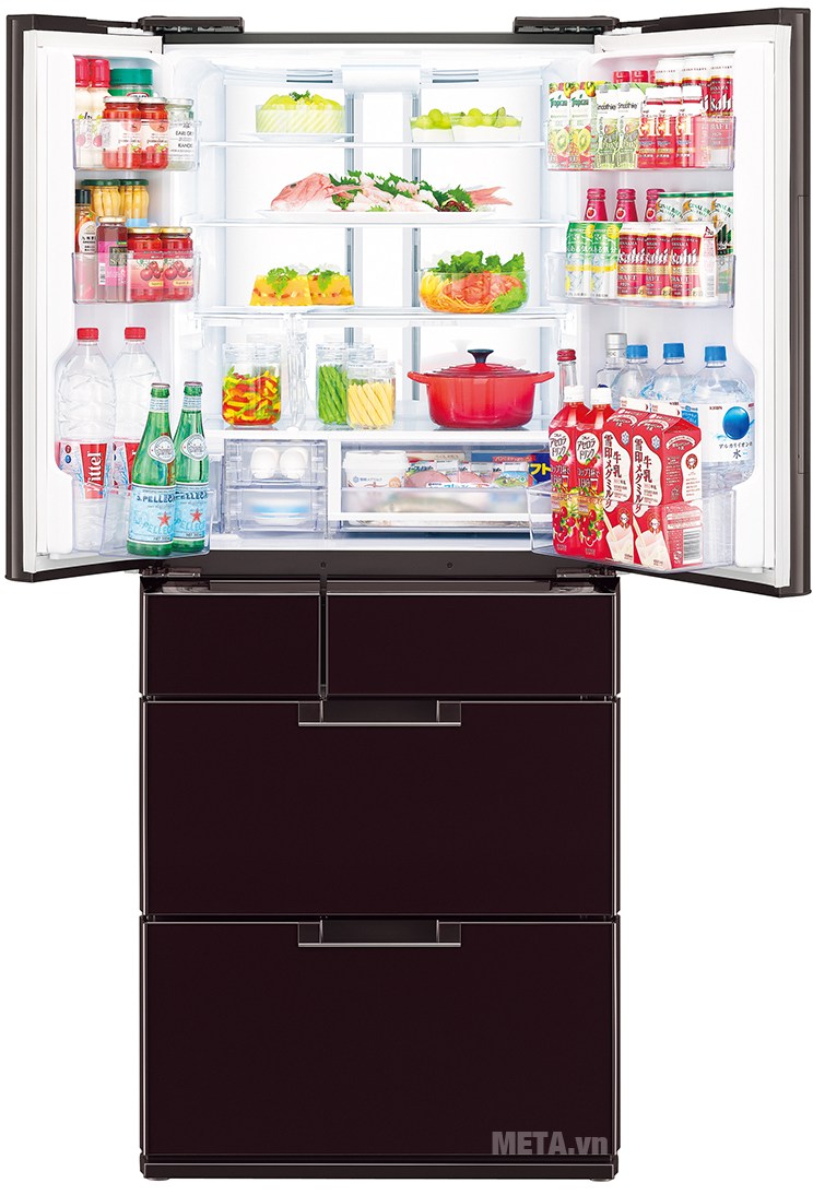 Tủ lạnh side by side 601 lít Sharp SJ-GF60A-R/T với hệ thống đèn LED chiếu sáng.