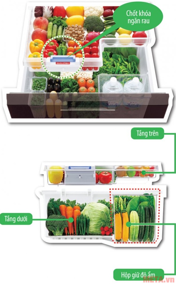 Tủ lạnh side by side 601 lít Sharp SJ-GF60A-R/T với ngăn rau quả có chốt khóa.