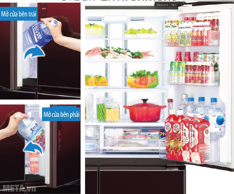 Tủ lạnh side by side 601 lít Sharp SJ-GF60A-R/T với cánh cửa thiết kế tiện dụng.