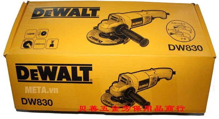 Máy mài góc 125mm 1.400W DeWalt DW830 có hộp đựng bằng giấy. 