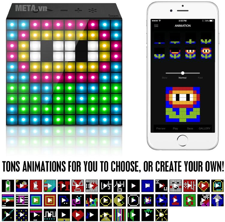 Loa Divoom AuraBox với khả năng hiển thị hình vẽ dễ thương qua điện thoại.