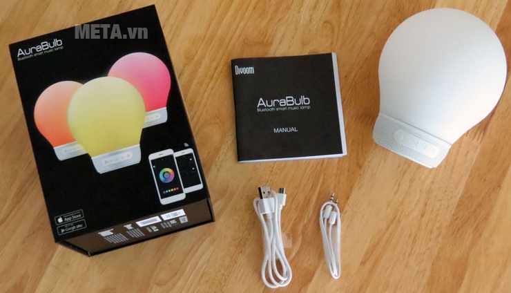 Loa Divoom AuraBulb với phụ kiện đi kèm.