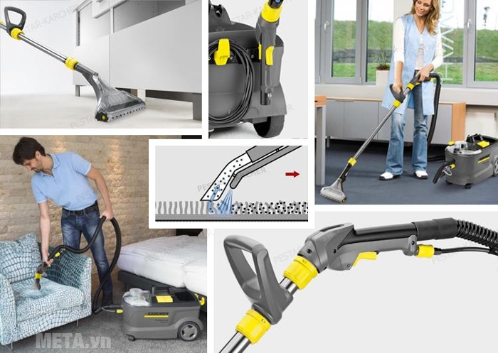 Máy giặt thảm Karcher PUZZI 10/1 EU giúp vệ sinh ghế, thảm trên nhiều bề mặt vật liệu khác nhau.