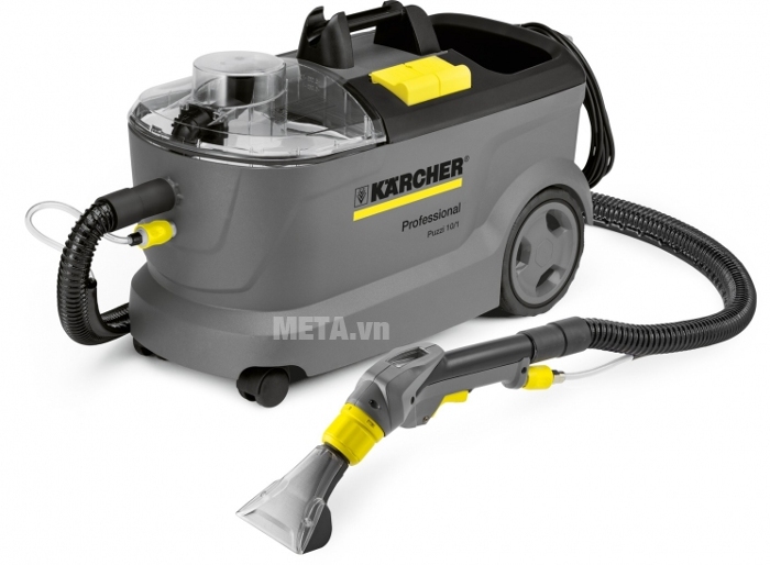 Máy giặt thảm Karcher PUZZI 10/1 EU đi kèm bàn hút sàn và tay cầm giặt ghế sofa.