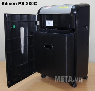 Máy hủy tài liệu Silicon PS-880C mở cánh để đổ rác dễ dàng.