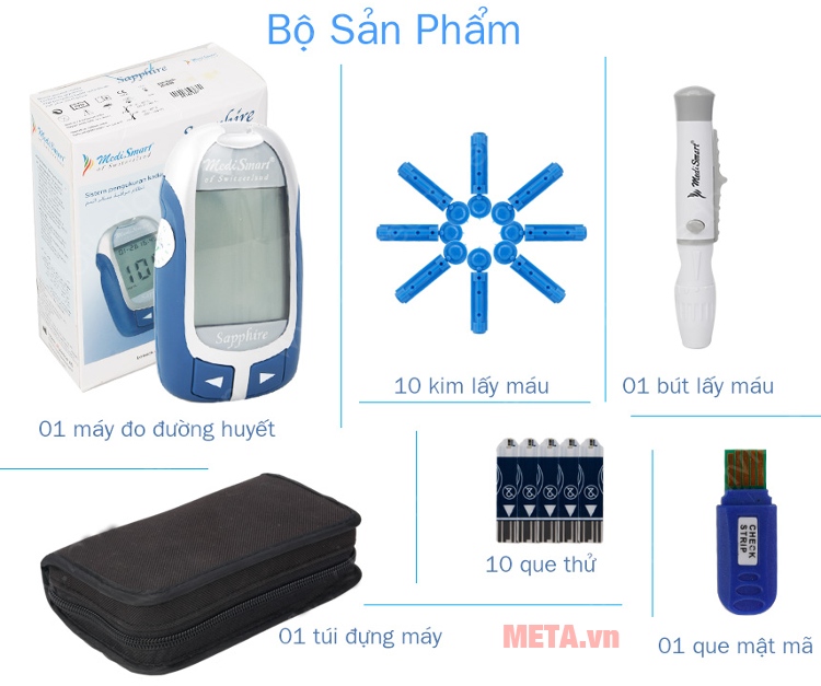 Bộ sản phẩm máy đo đường huyết MediSmart Sapphire Bộ sản phẩm máy đo đường huyết MediSmart Sapphire
