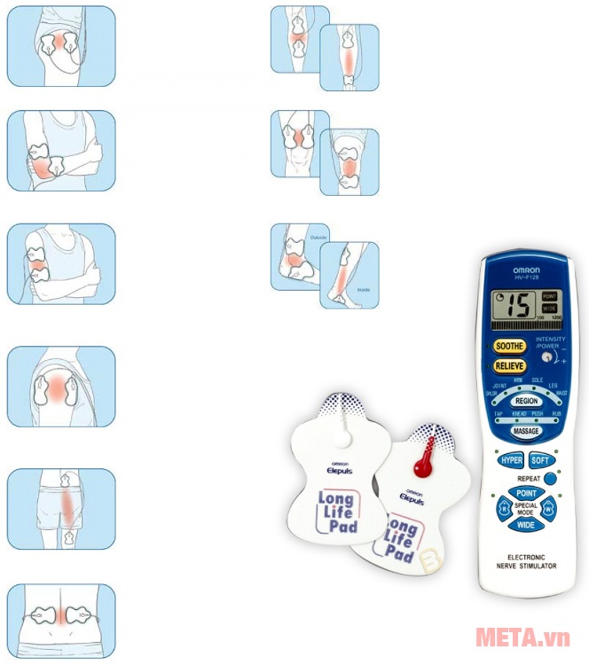 Máy massage xung điện HV-F128 sử dụng được trên nhiều bộ phận trên cơ thể.