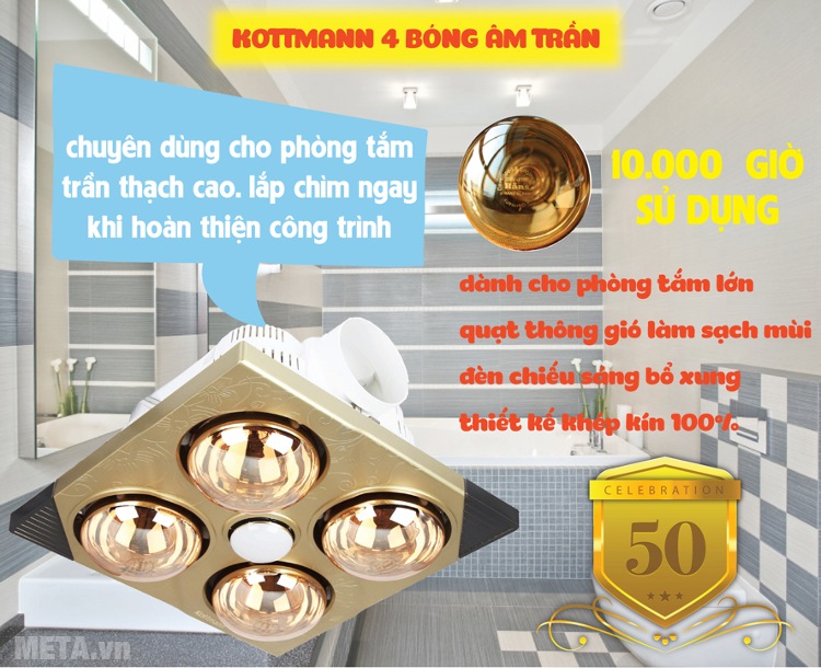 Đèn sưởi nhà tắm Kottmann 4 bóng âm tường K4BT