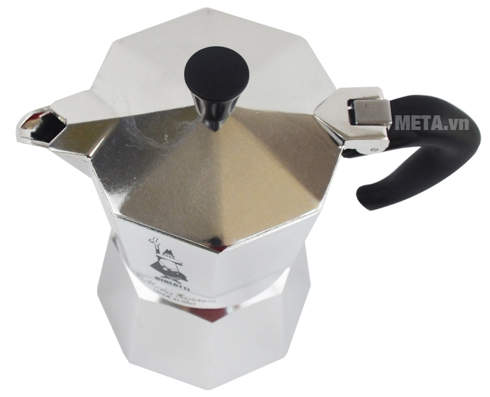 Ấm pha cà phê Moka Express 4TZ BCM-1164 có tay cầm và núm mở nắp bằng nhựa.