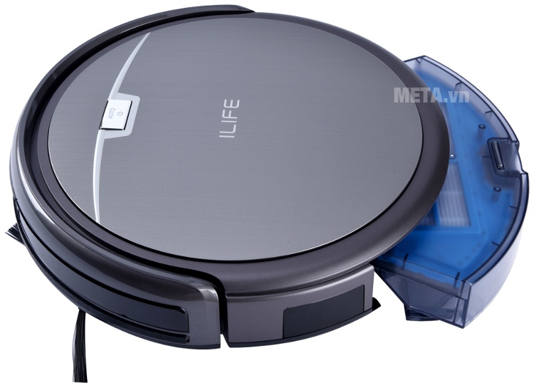 Robot hút bụi ILIFE A4 với khay đựng bụi. Robot hút bụi ILIFE A4 với nút bật nguồn.