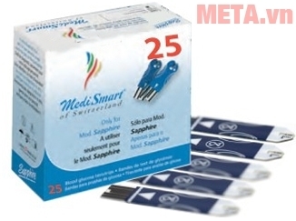 Que thử của máy đo đường huyết MediSmart Sapphire đóng gói 25 que/hộp. Que thử của máy đo đường huyết MediSmart Sapphire đóng gói 25 que/hộp.