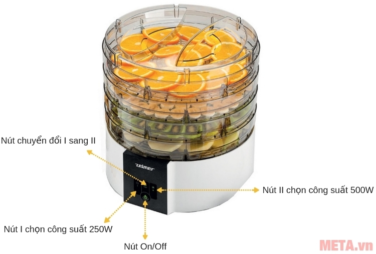 Máy sấy thực phẩm Zelmer FD1001 có hai mức công suất để lựa chọn.