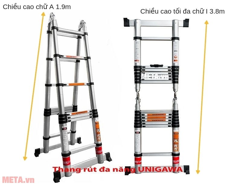 Thang nhôm rút đa năng Unigawa UN-380M sử dụng được ở dạng chữ i Thang nhôm rút đa năng