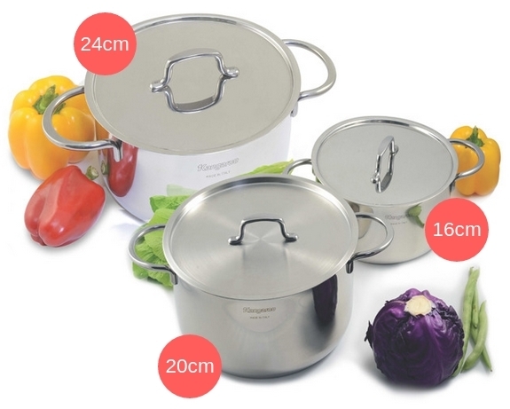 Bộ nồi Kangaroo KG182 có 3 kích thước khác nhau giúp bạn lựa chọn nồi nấu phù hợp với từng món ăn.