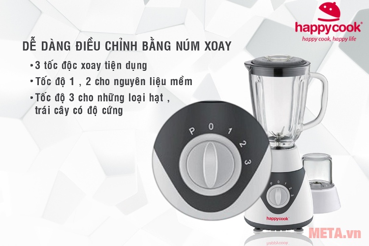 Máy xay sinh tố Happy Cook HCB-1502 với thiết kế núm vặn điều khiển dễ thao tác.