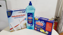 Viên rửa bát, nước làm bóng, muối làm mềm nước