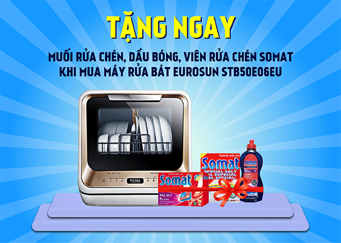 Mua máy rửa bát Eurosun STB50E06EU tặng bộ muối rửa chén, chai dầu bóng và hộp viên rửa chén Somat Mua máy rửa bát Eurosun STB50E06EU tặng bộ muối rửa chén, chai dầu bóng và hộp viên rửa chén Somat