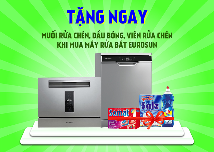Mua máy rửa bát Eurosun tặng chai dầu bóng W5, hộp viên rửa chén Somat, muối rửa chén Lagor Mua máy rửa bát Eurosun tặng chai dầu bóng W5, hộp viên rửa chén Somat, muối rửa chén Lagor