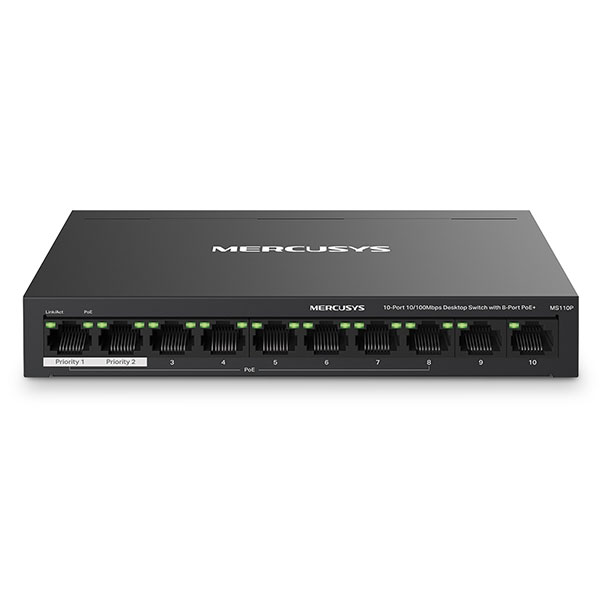 Switch chia mạng Mercusys MS110P (10 cổng 10/100Mbps với 8 cổng PoE+, vỏ kim loại)
