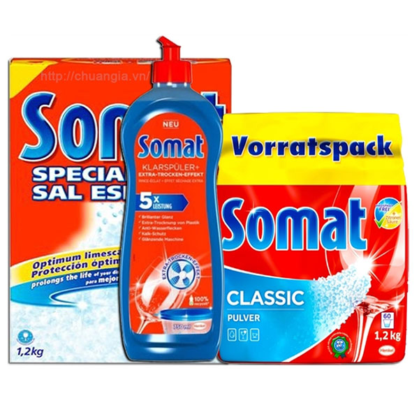 Bộ 3 món gồm bột, muối, nước làm bóng Somat chuyên dụng cho máy rửa chén bát