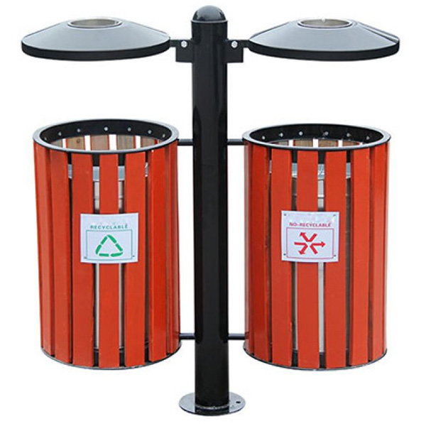Thùng rác giả gỗ treo đôi ngoài trời có gạt tàn (HTSOD-07)