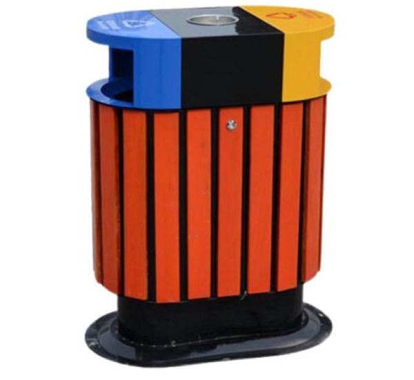 Thùng rác thép phun sơn 2 màu kết hợp nhựa giả gỗ (HTS52A)