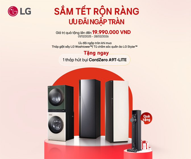 Mua tháp giặt sấy hoặc tủ chăm sóc quần áo LG tặng máy hút bụi LG