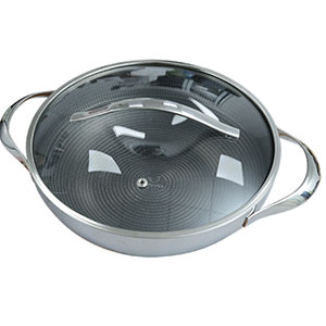 Chảo inox chống dính hoa văn nổi thân đáy liền Kaiyo sâu lòng KNW-6773 (2 tay cầm, vung kính, 24cm)